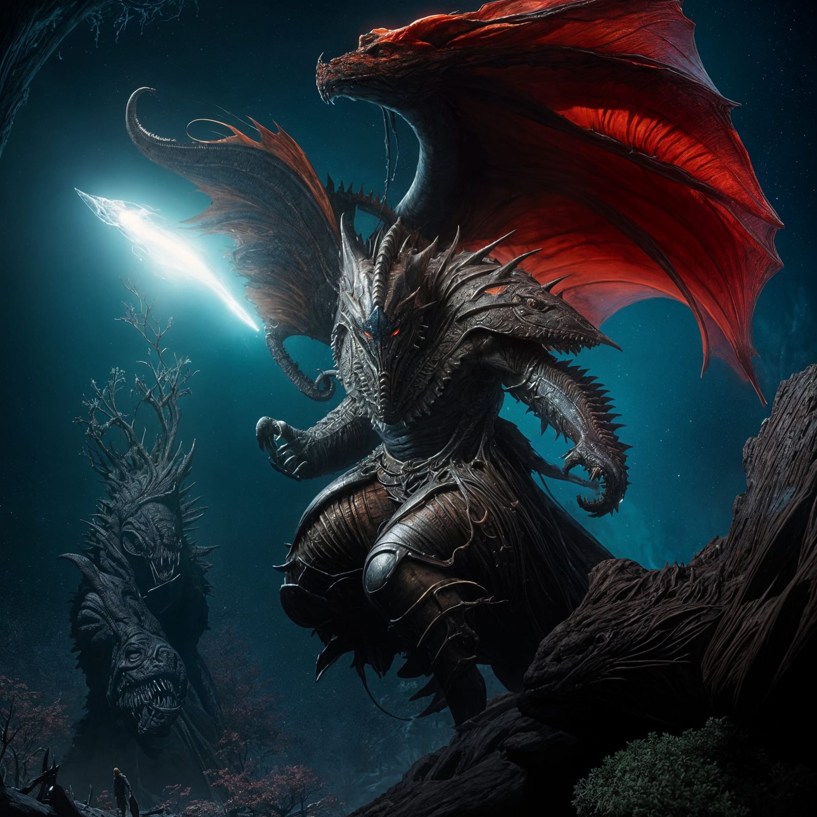 Ichtio-Sapiens Rides Sea Monster: Dark Fantasy Art