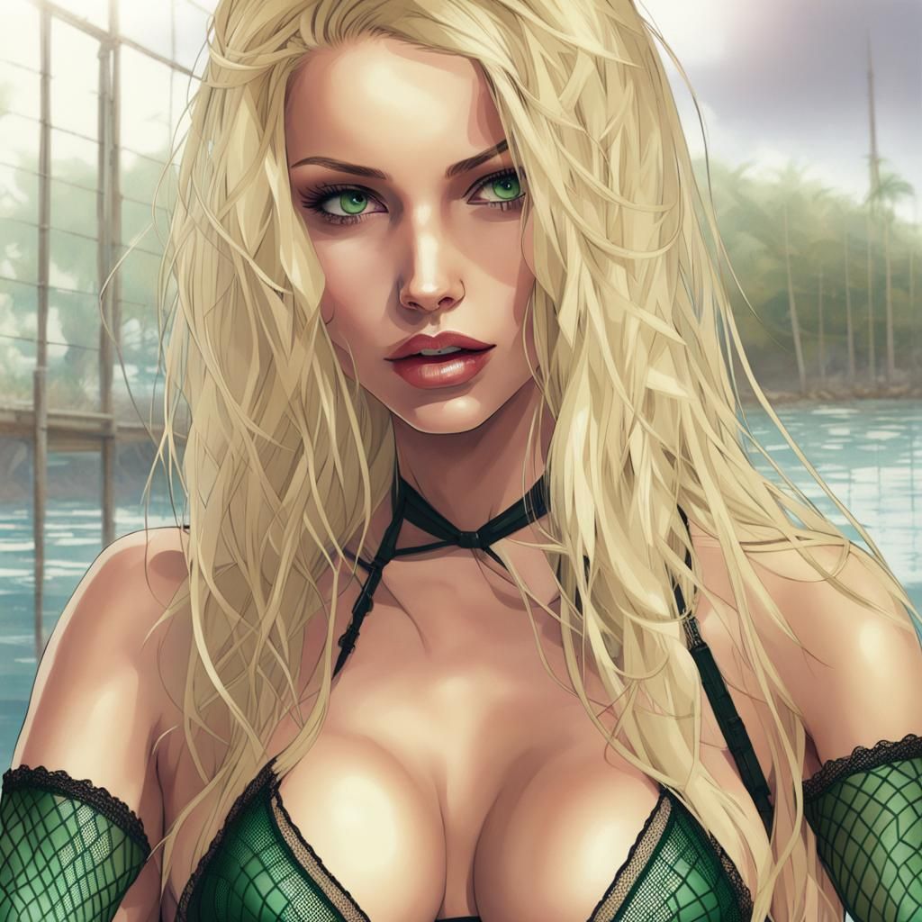 Blonde Woman in Fishnet Stockings and Bikini