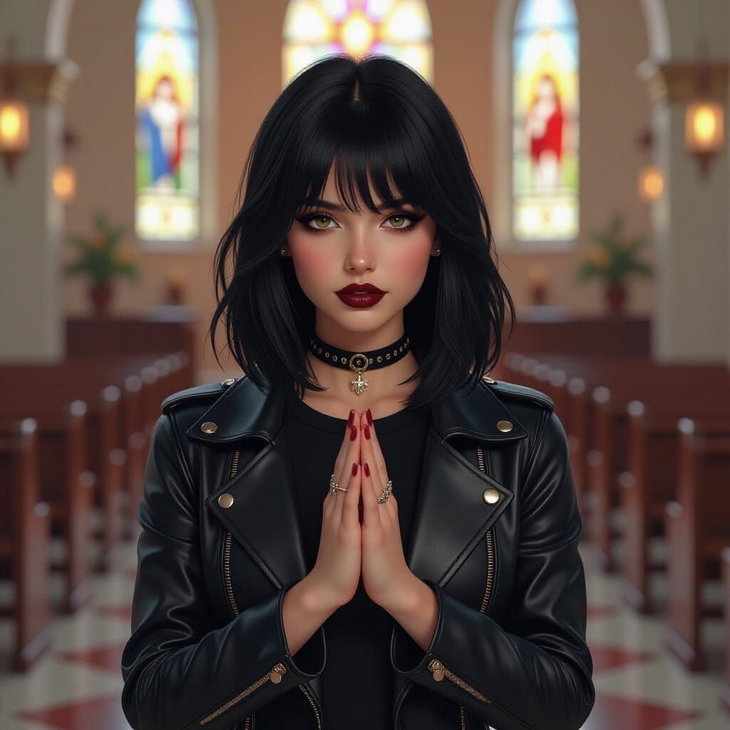 Gothic Teen Praying in Church