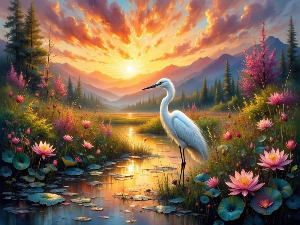Great Egret at Sunset in Fantasy Marsh