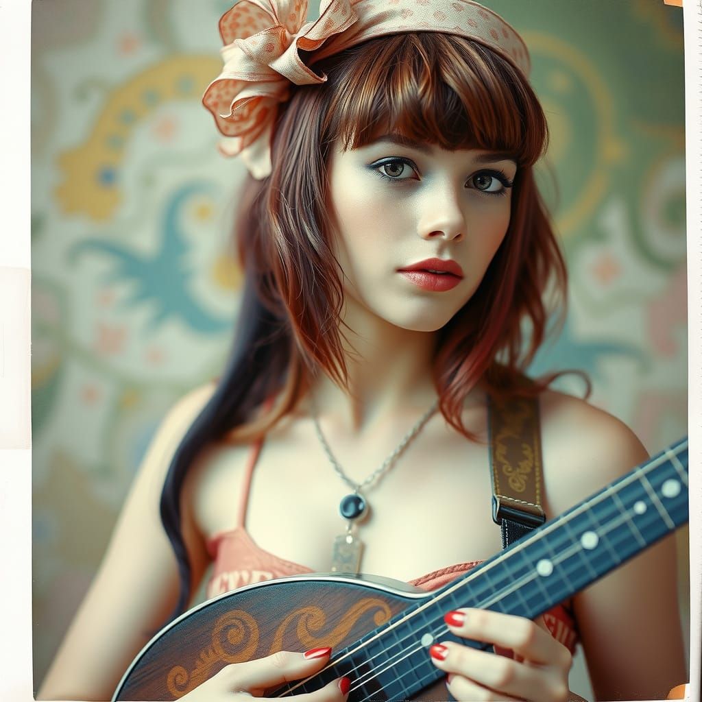 Abstract Portrait of Girl with Mandolin in Polaroid Style