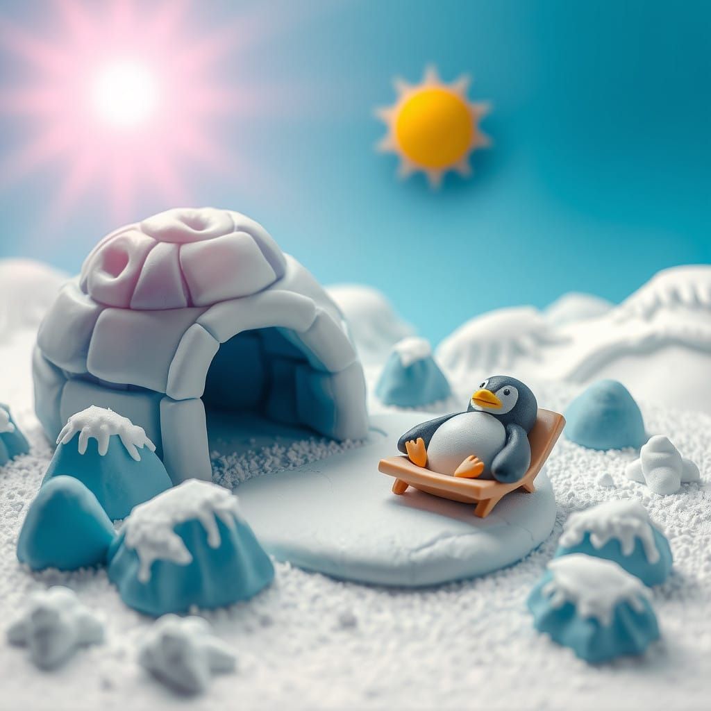 Chubby Clay Penguin Reposes in Frosty Clay Landscape