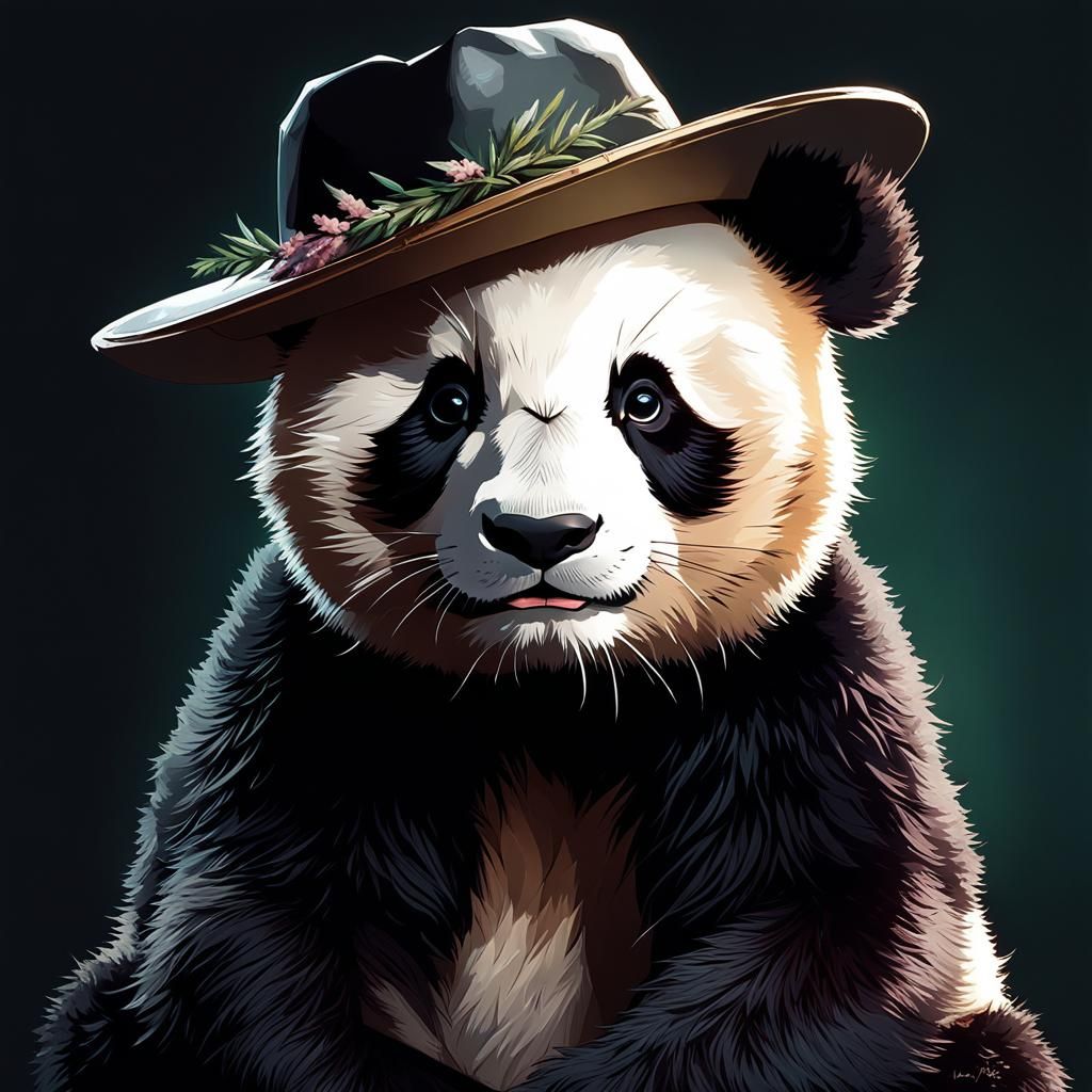 Panda Portrait with Heather Hat in Hyperrealistic Style