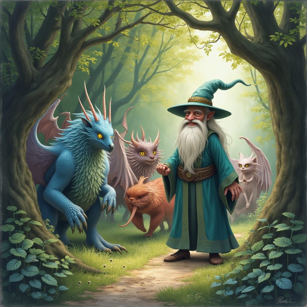 Enchanting Wizard Leading Creatures Through Hidden Grove