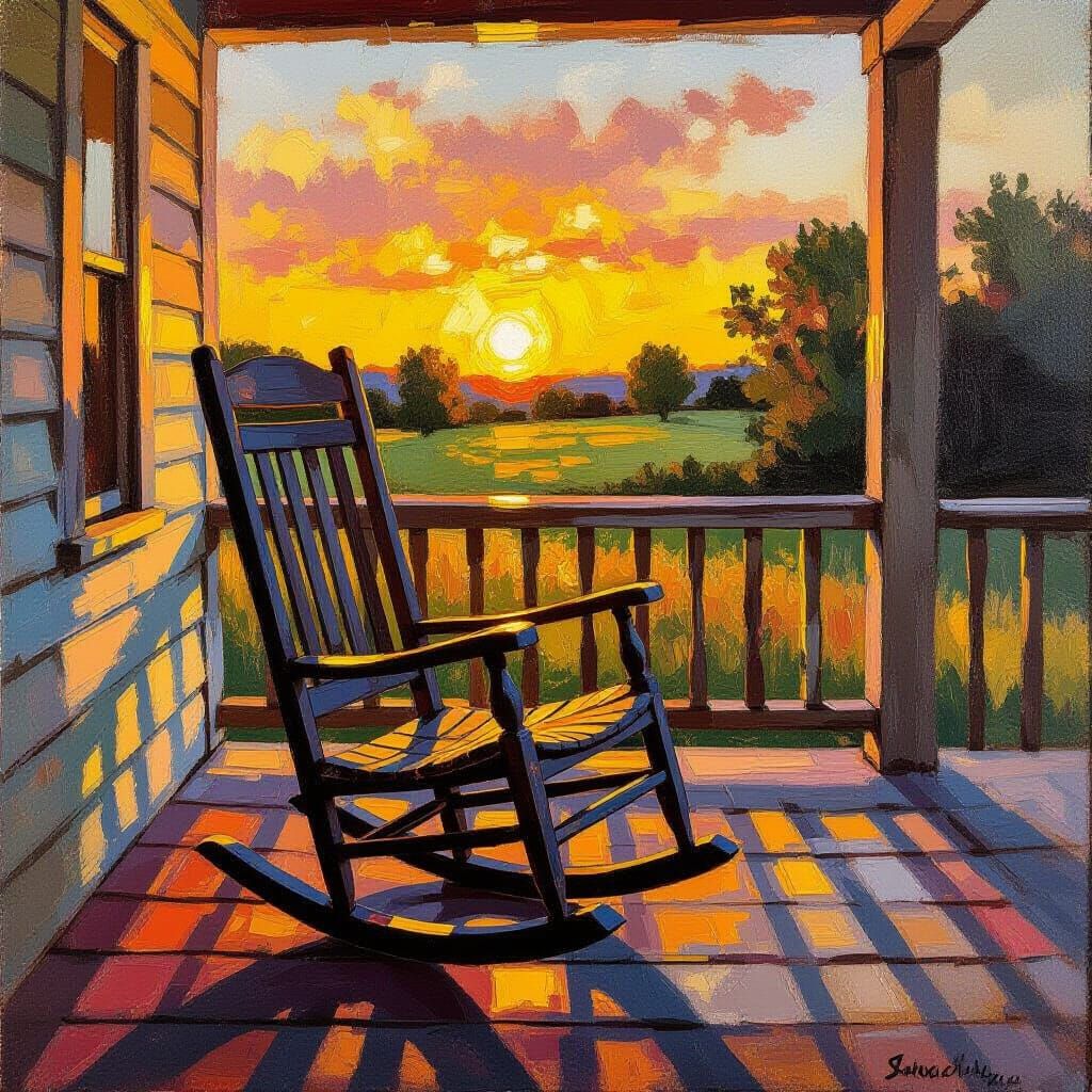 Rocking Chair on Porch in Gouache Impressionist Style
