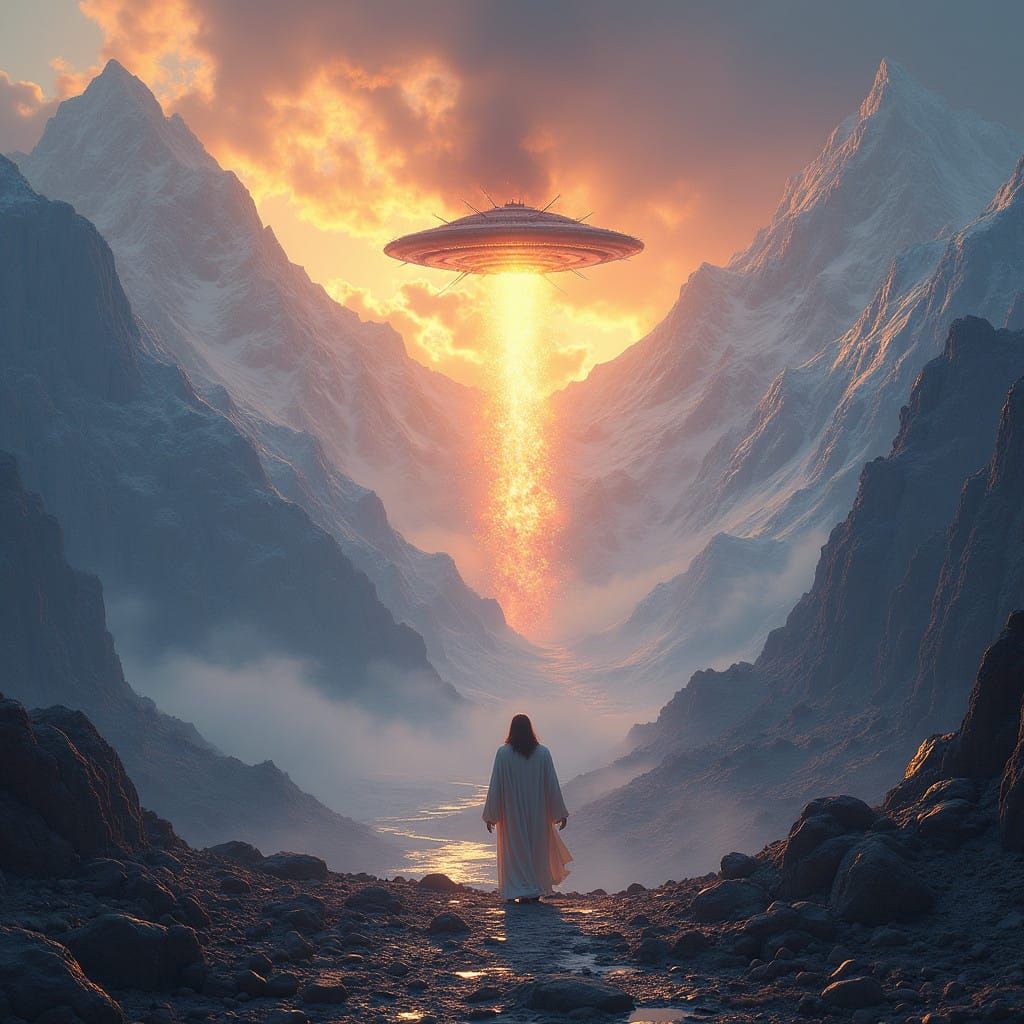 Jesus in a Fantastical Snow-Capped Mountain Range Amidst a U...