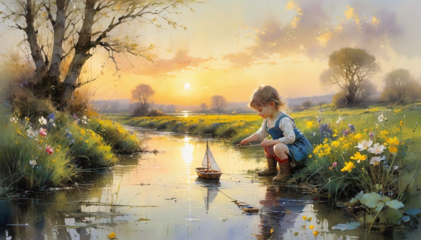 Toddler Launches Toy Sailboat in Spring Sunrise Watercolor