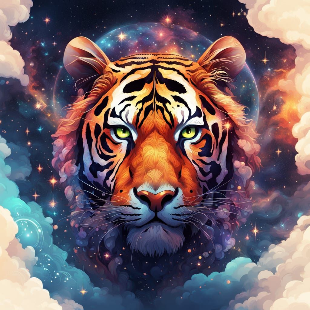 Tiger Silhouette Merging Galaxy and World: Digital Art
