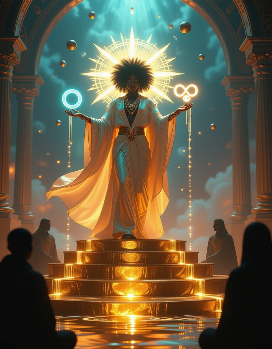 Afrofuturistic Golden Guardian in Surreal Style