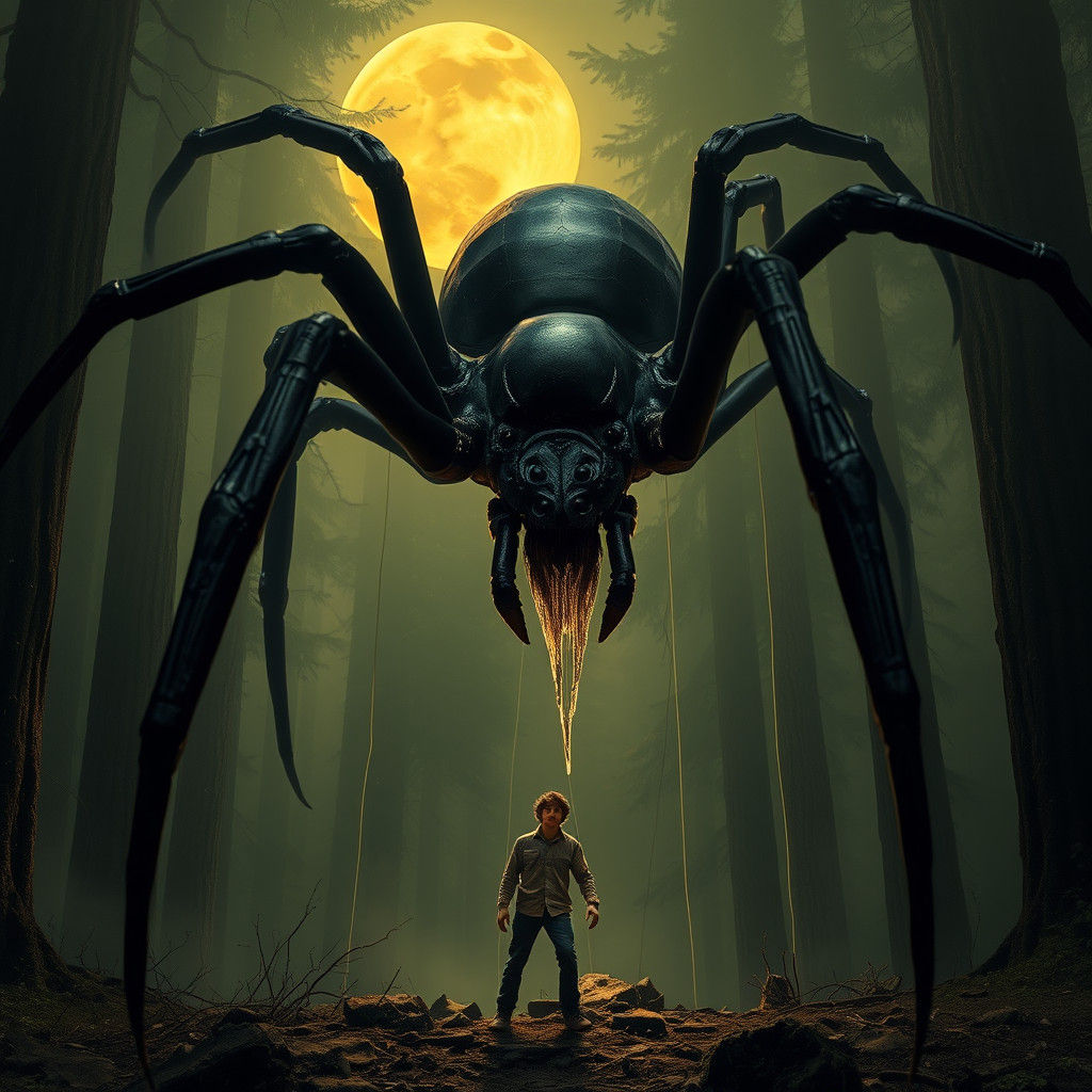 Colossal Black Widow Spider in Primeval Forest