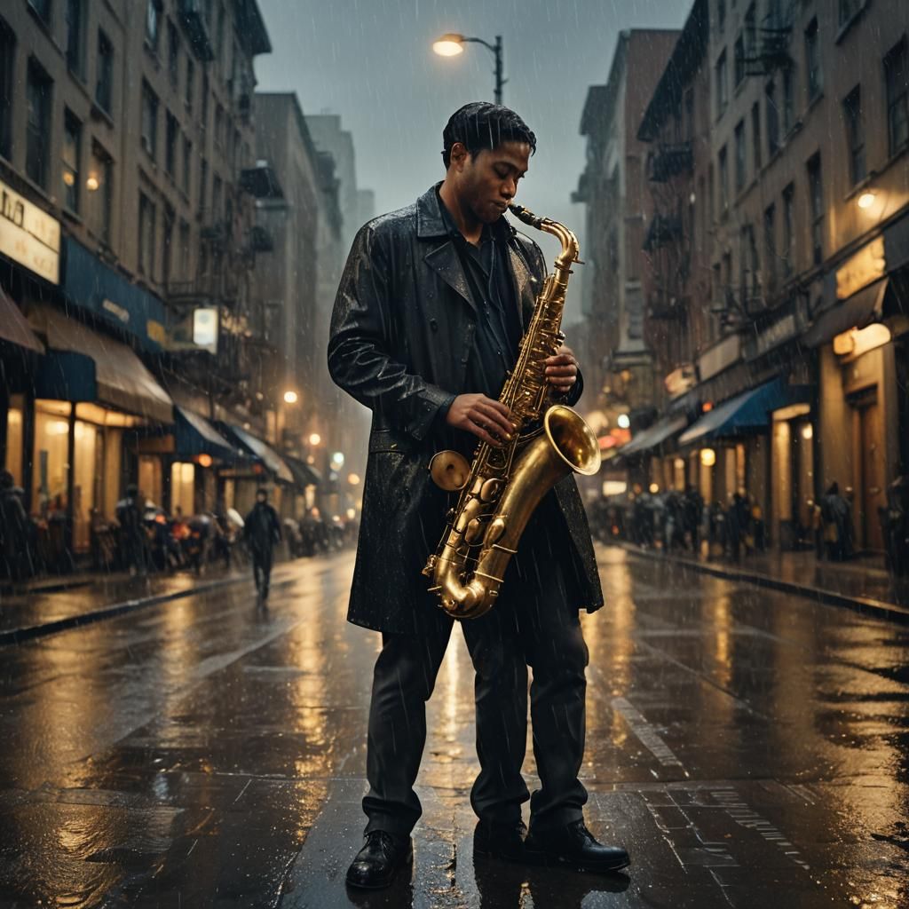 Jazz Saxophonist on Rainy City Street