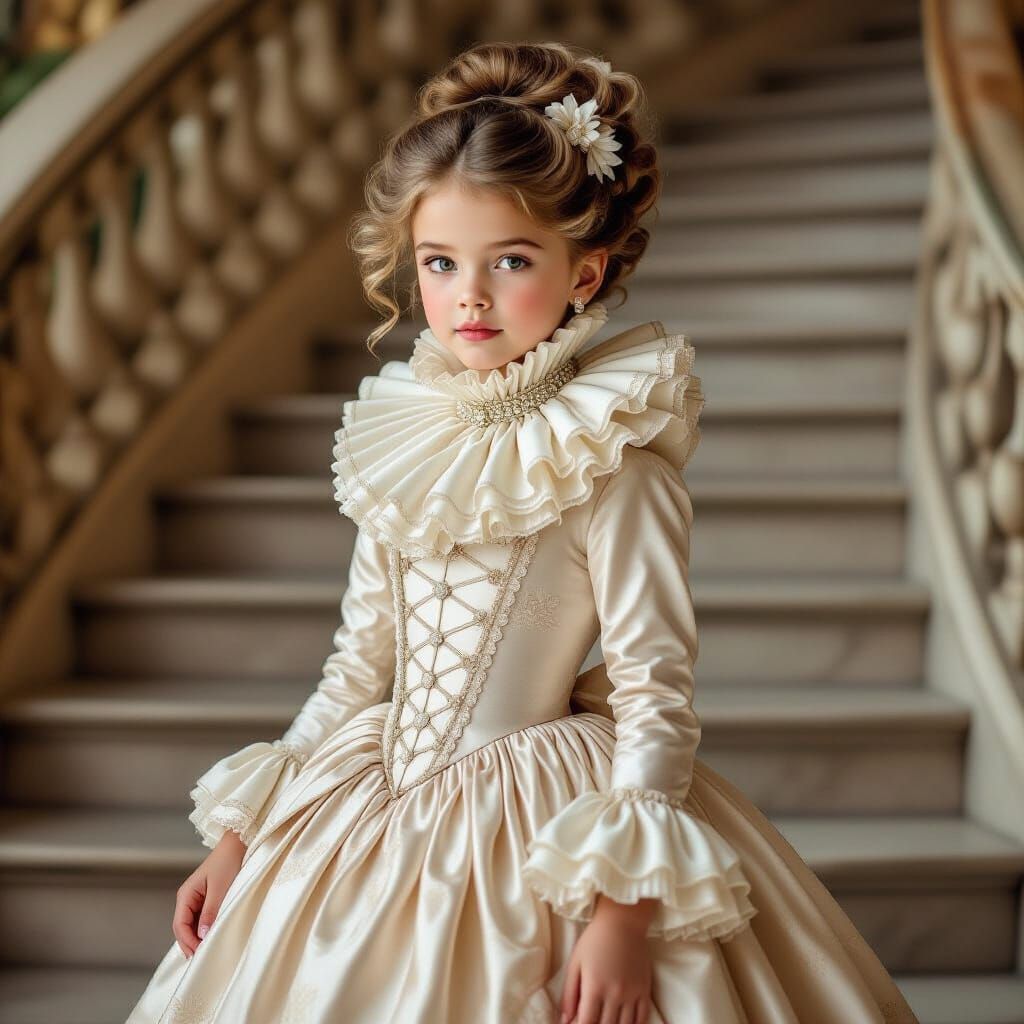 Young Girl in 1700s Dress on Grand Staircase