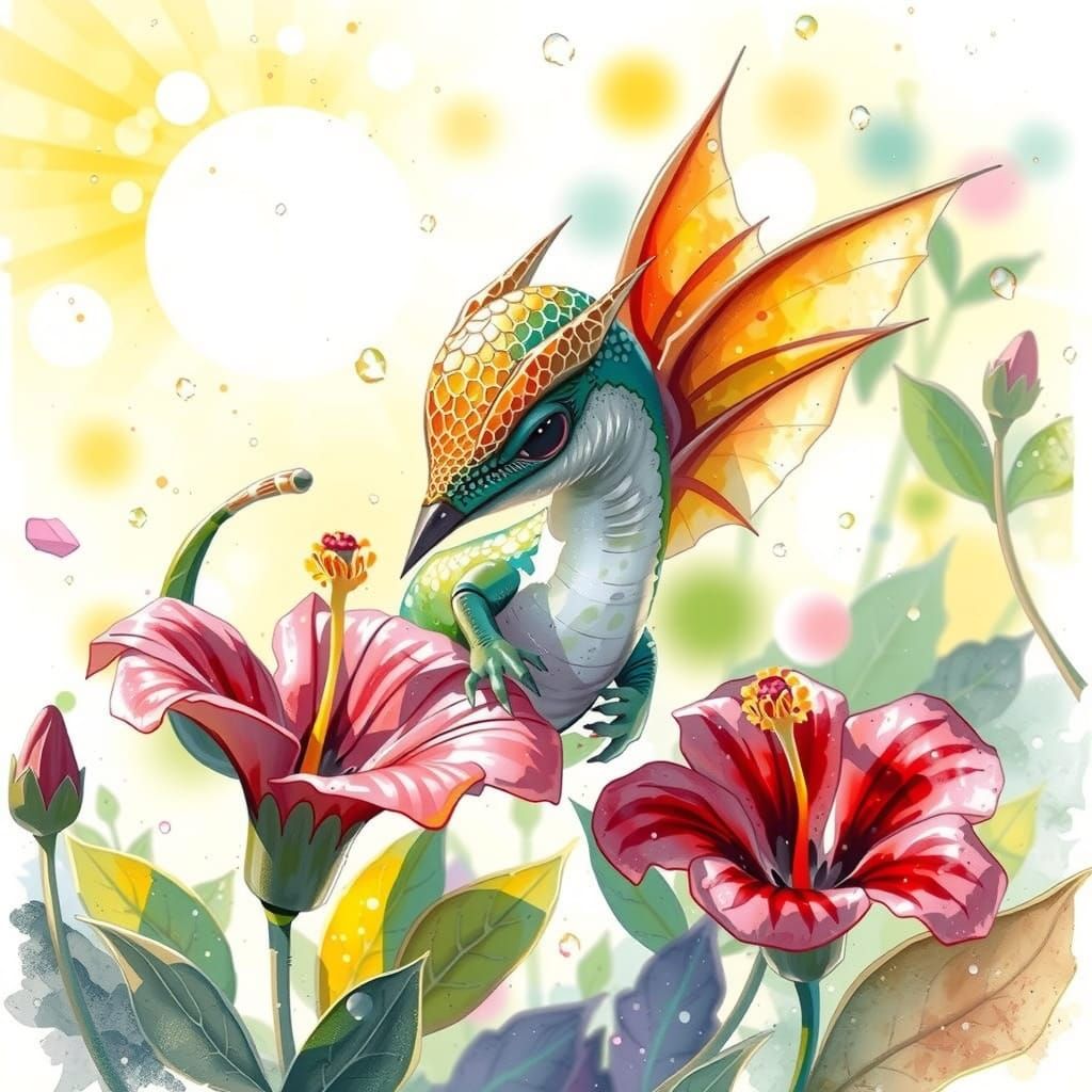 Miniature Dragon Sipping Nectar in Watercolor Style