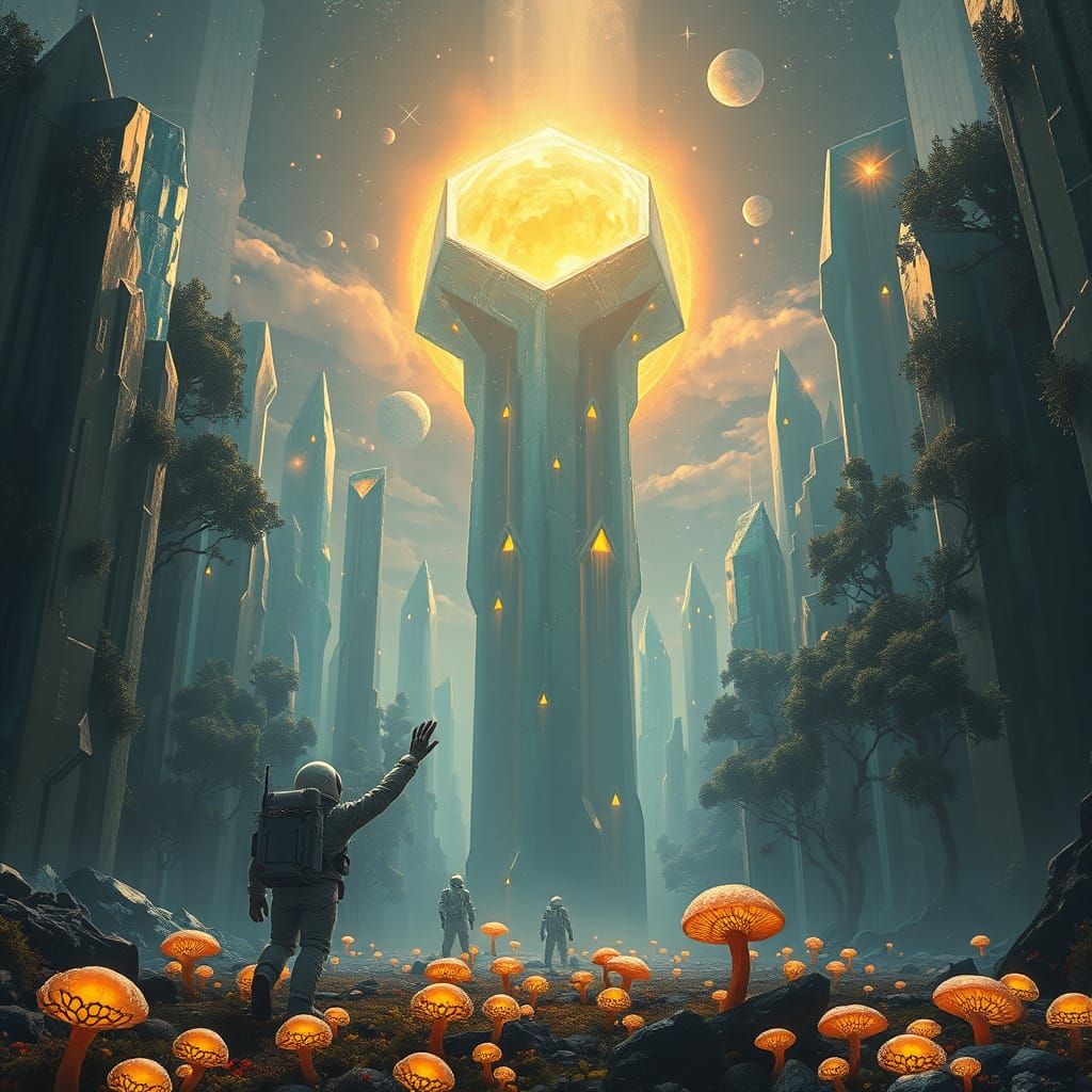 Astronaut Explores Luminous Crystalline Alien Forest