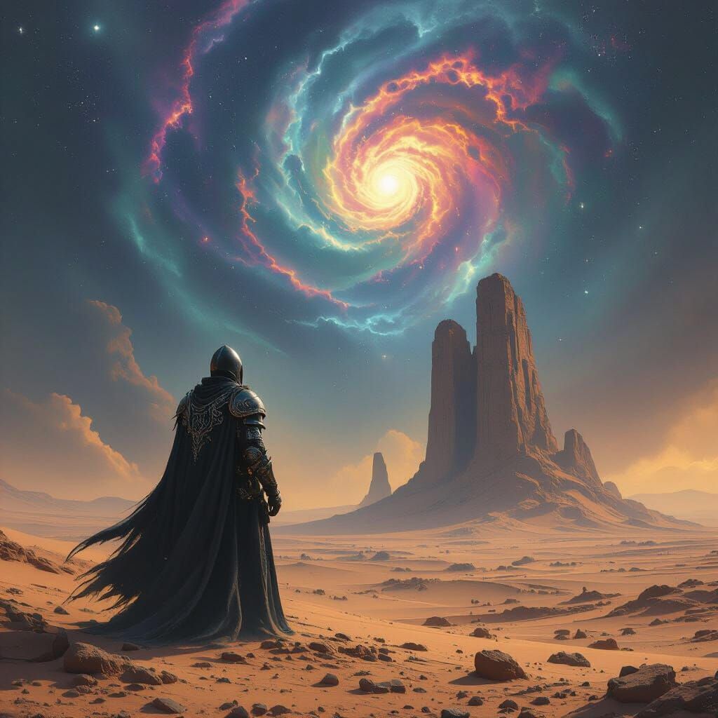 Knight on Alien Planet Under Nebula in Dark Fantasy Style