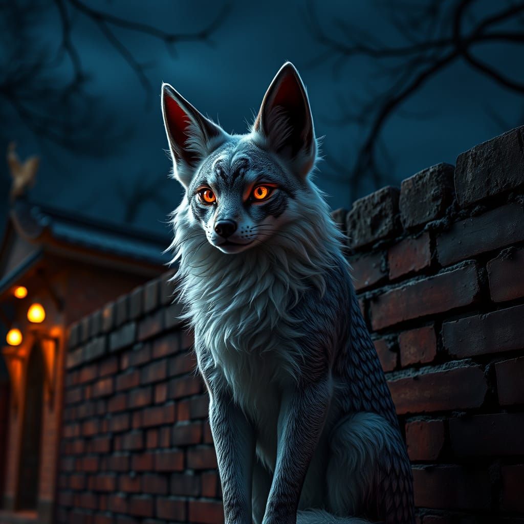Kitsune in Moonlit Cityscape