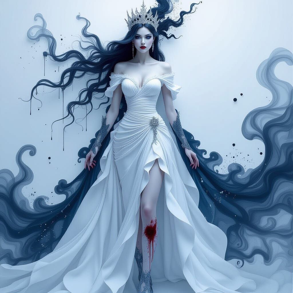 Frost Queen in White Gown with Blood Droplets