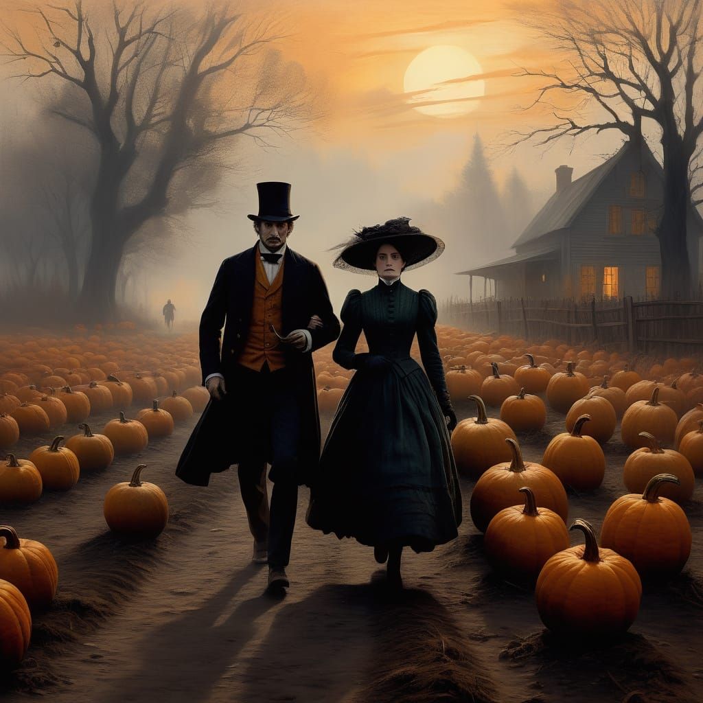 Victorian Couple Fleeing Headless Horseman in Golden Pumpkin...