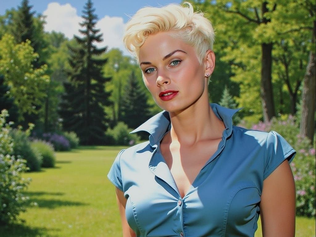 Elegant Blonde Woman in Forest Clearing, Oil Painting