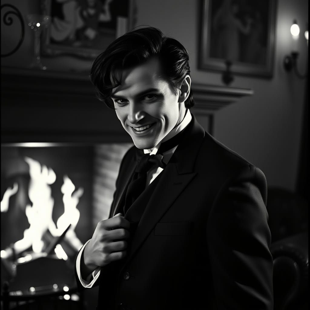 Gothic Gentleman by Fireplace in Cinematic Black and White