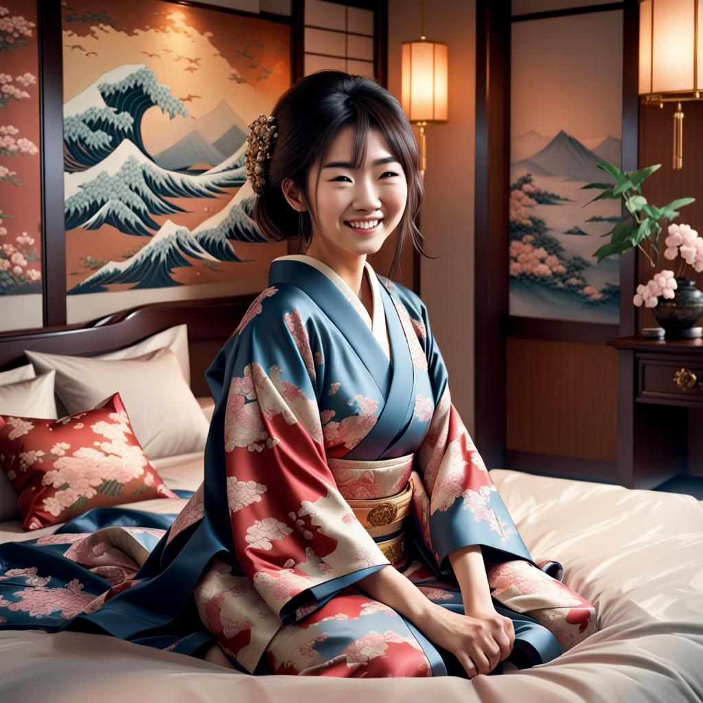 Smiling Japanese Woman in Kimono on Luxurious Bed