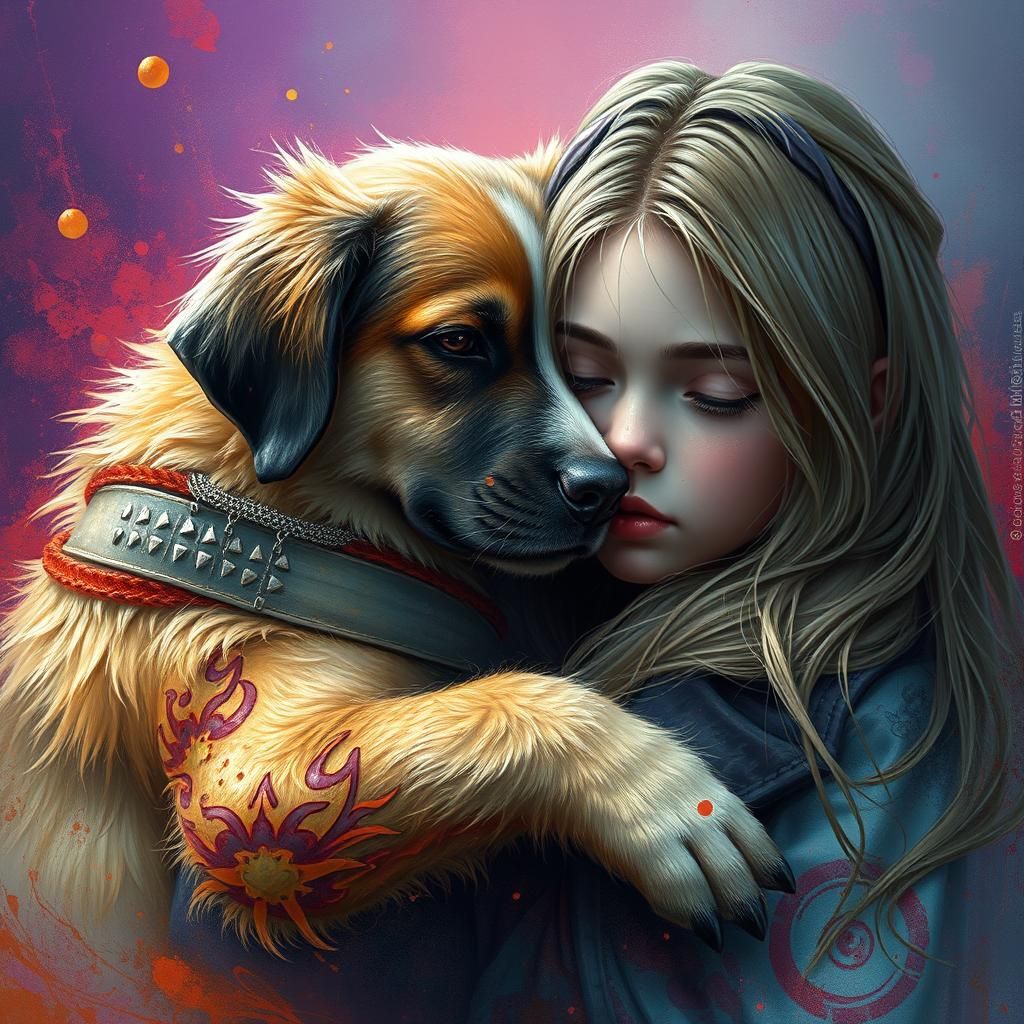 Dog Cuddles Teenager: Detailed Fantasy Concept Art