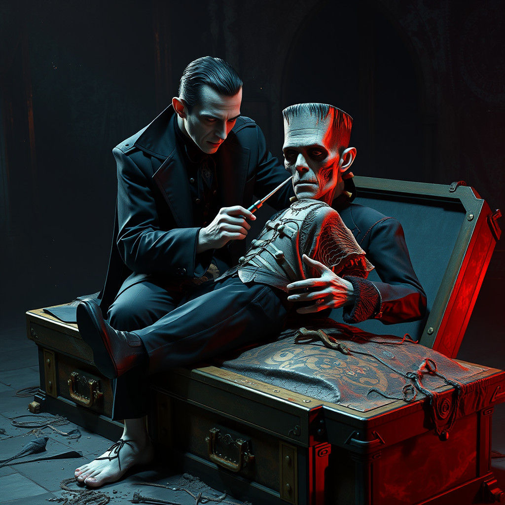 Dracula and Frankenstein Repairing a Screw: Matte Painting