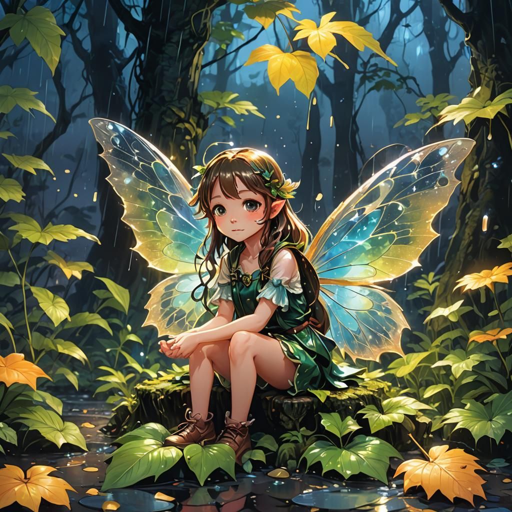 Enchanted Fairy in Rainy Forest, Anime Art