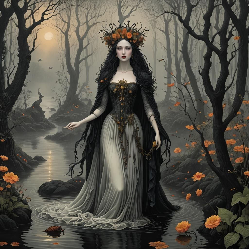 Persephone and Kharon in a Burton-esque Underworld