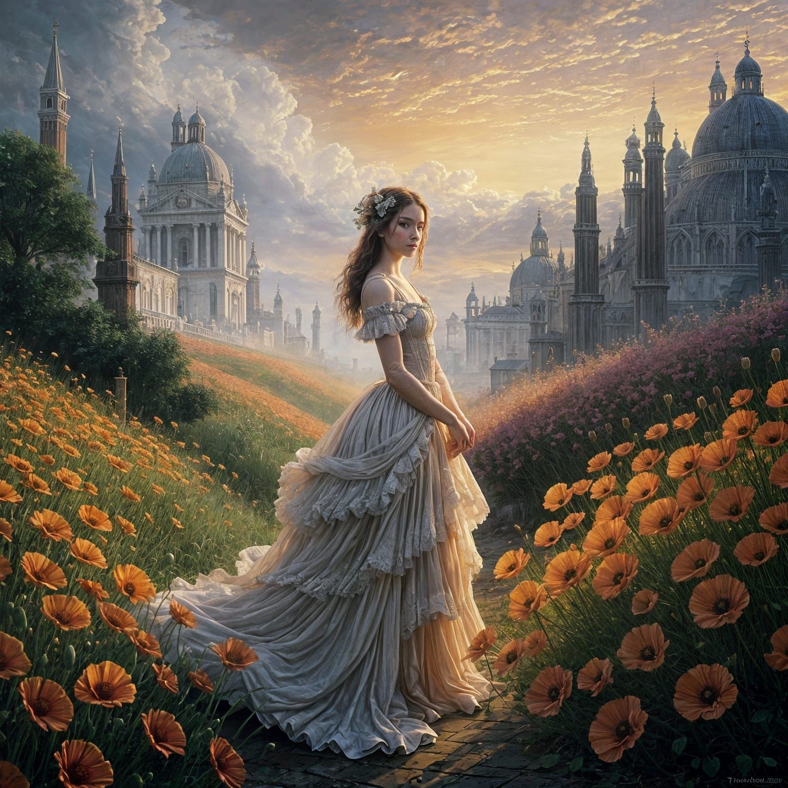 Ethereal Beauty in Poppy Field, Oil Painting Style