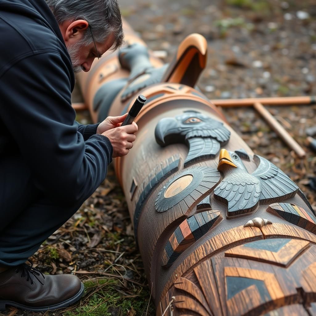 Tlingit Artist Carving Totem Pole in Alaska