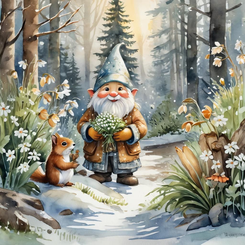 Gnome Offering Snowdrops: A Folk Art Illustration