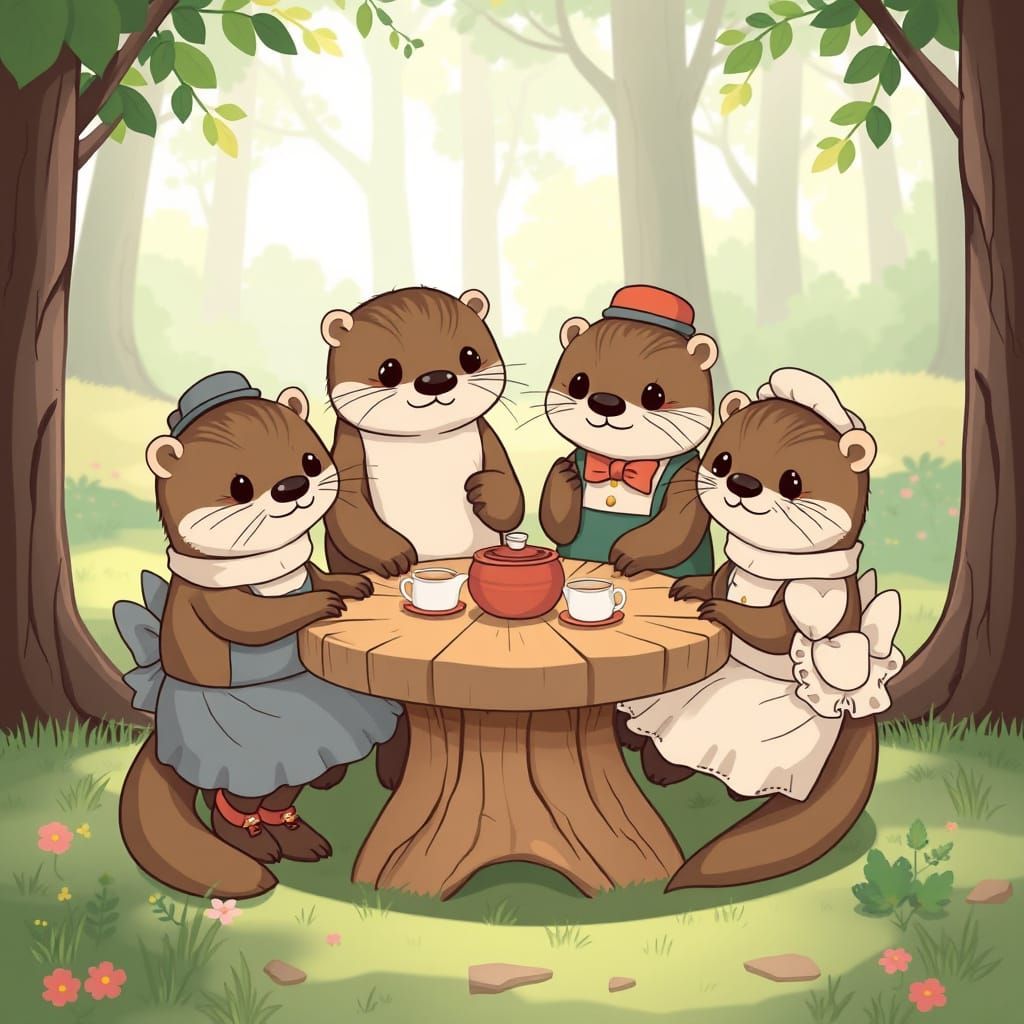Cartoon Otter Family Tea Party in Anime Style