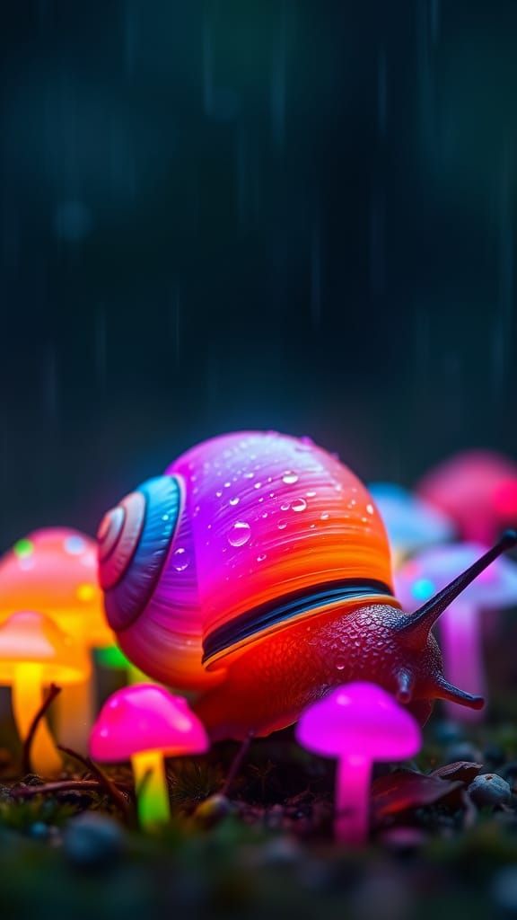Radiant Snail in Neon Forest After Rain