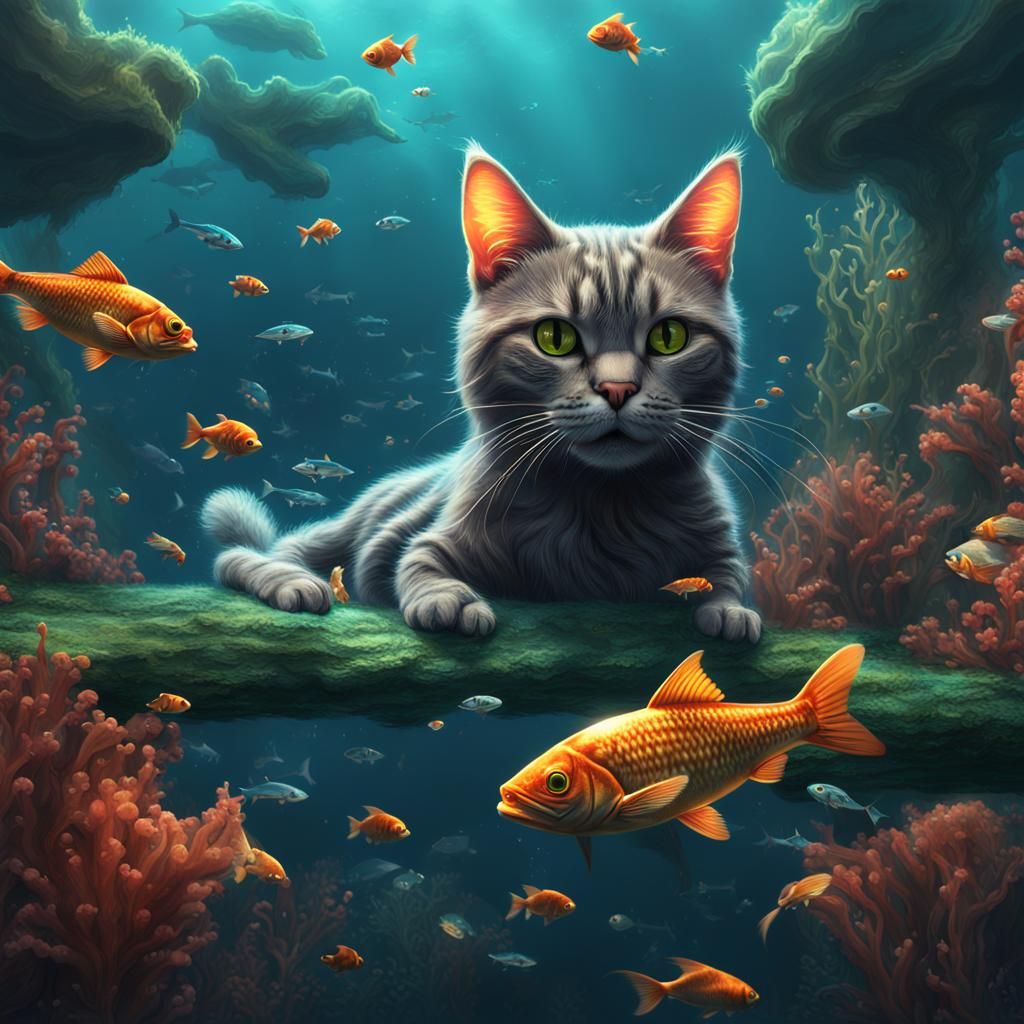 Cat Swimming with Fish in Detailed Digital Painting