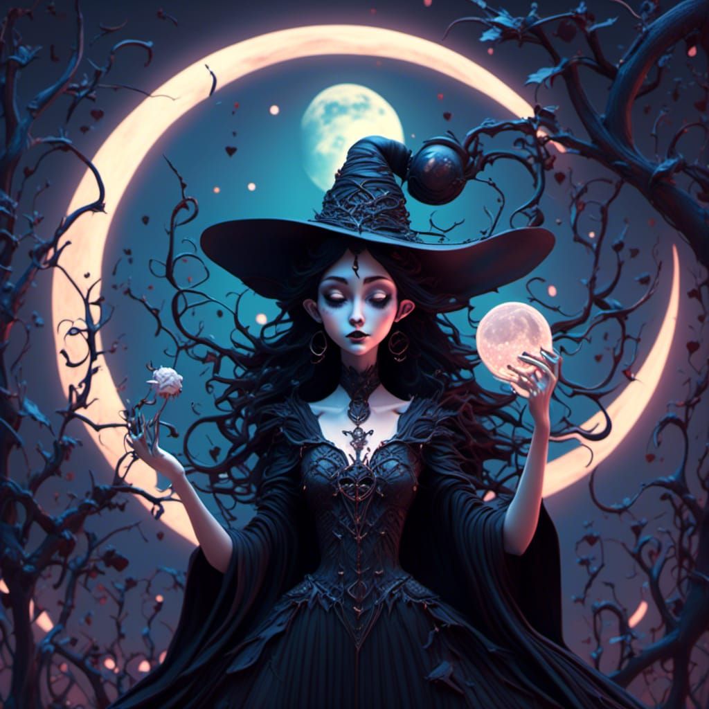 Moon Witch Casting Magic in Tarot Card Style