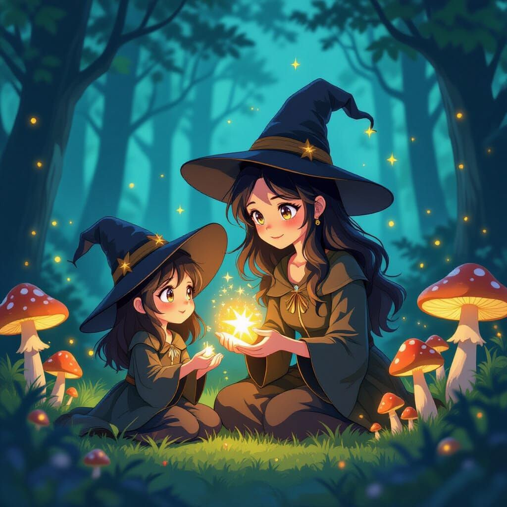 Witch and Daughter Practice Magic Under Starlight