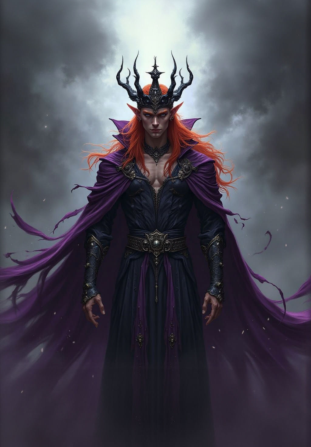 Dark Mage Ruler with Fiery Hair in Gothic Style