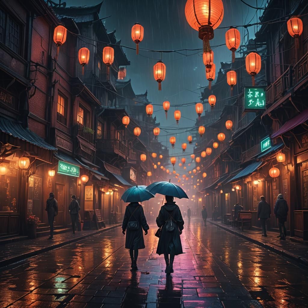 Lonely Woman in Neon Lit Old Town Street