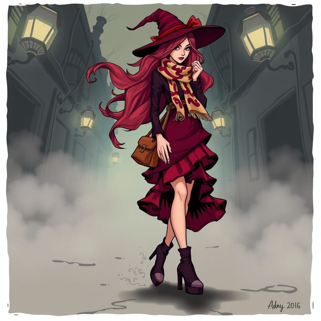 Mysterious Witch in Burgundy Ruffles and Black Heels Struts...