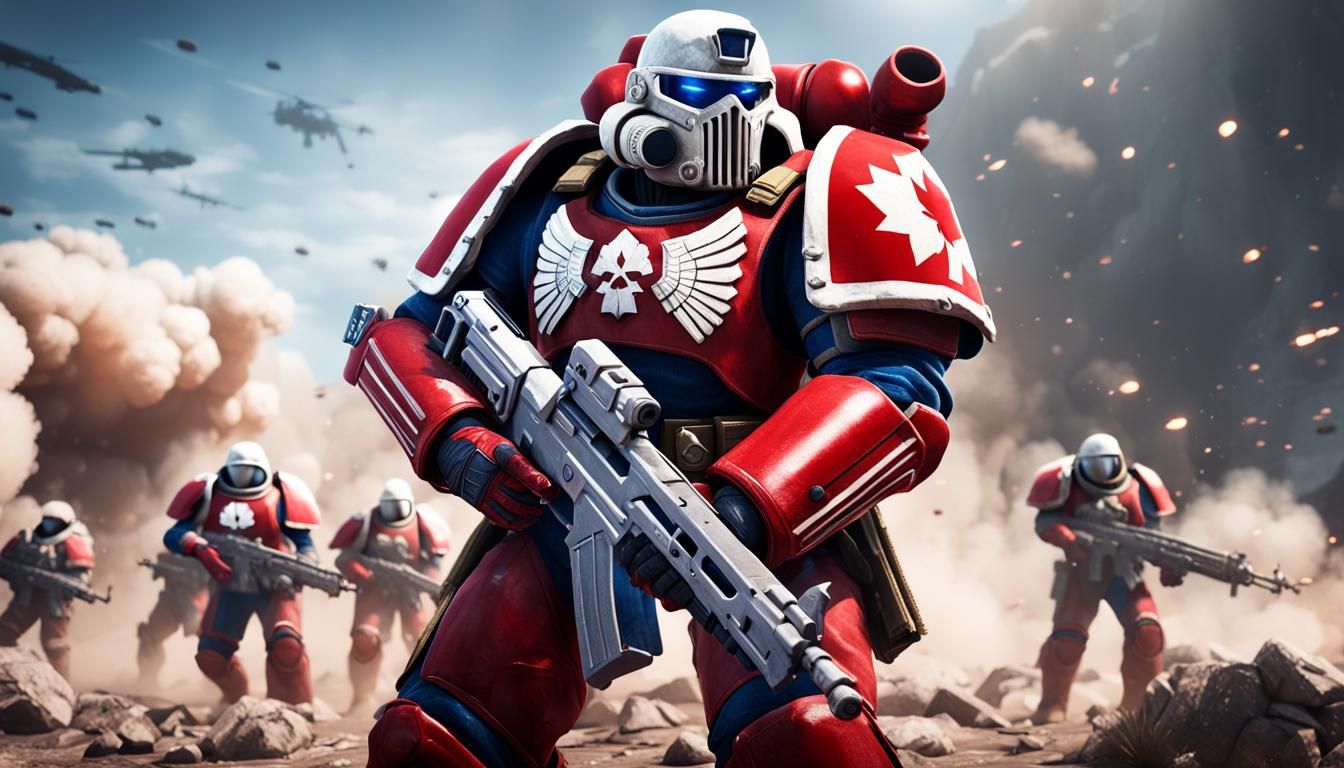 Canadian Flag Space Marine on Battlefield, 3D Render