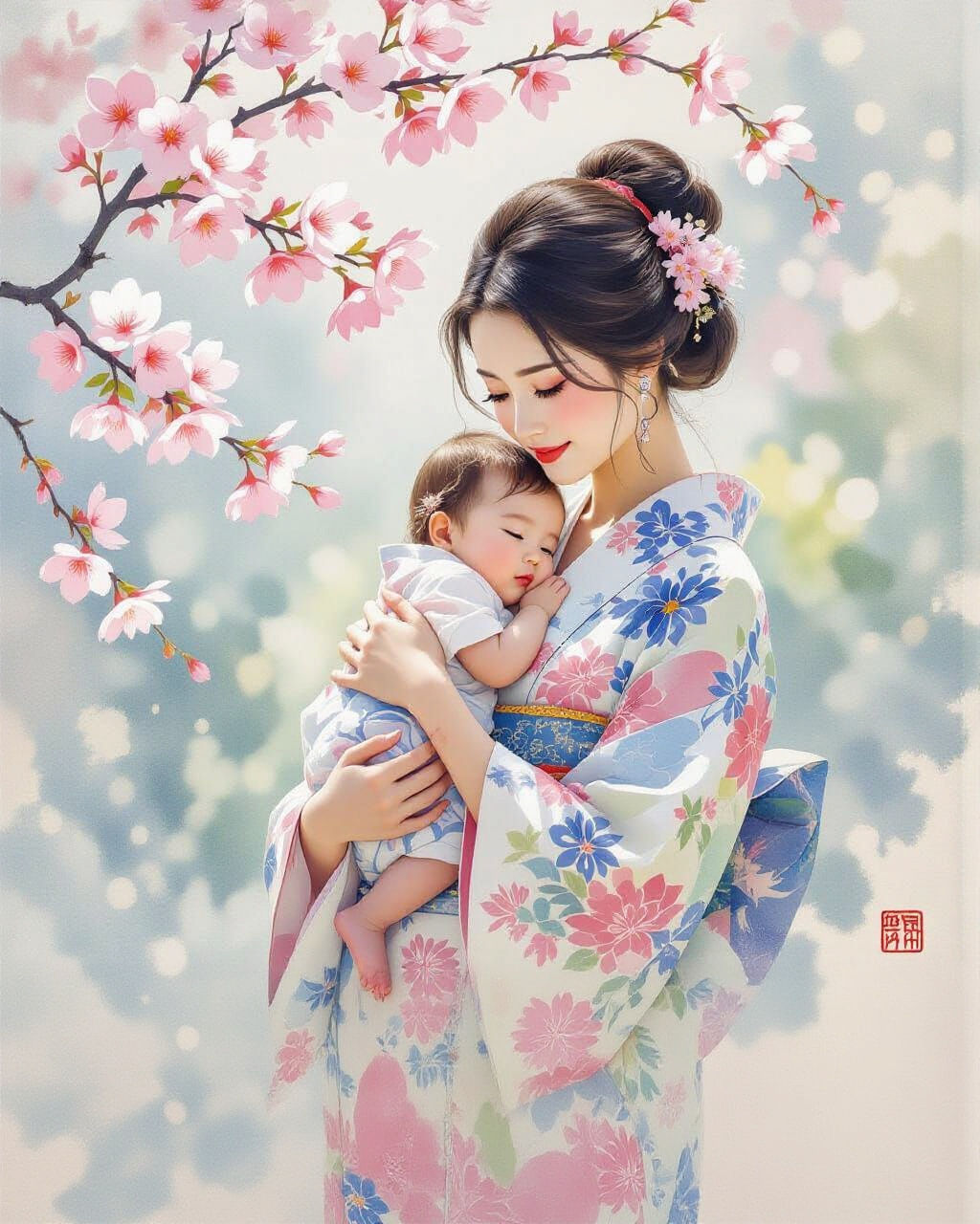 Ethereal Spring Garden With Japanese Woman and Baby