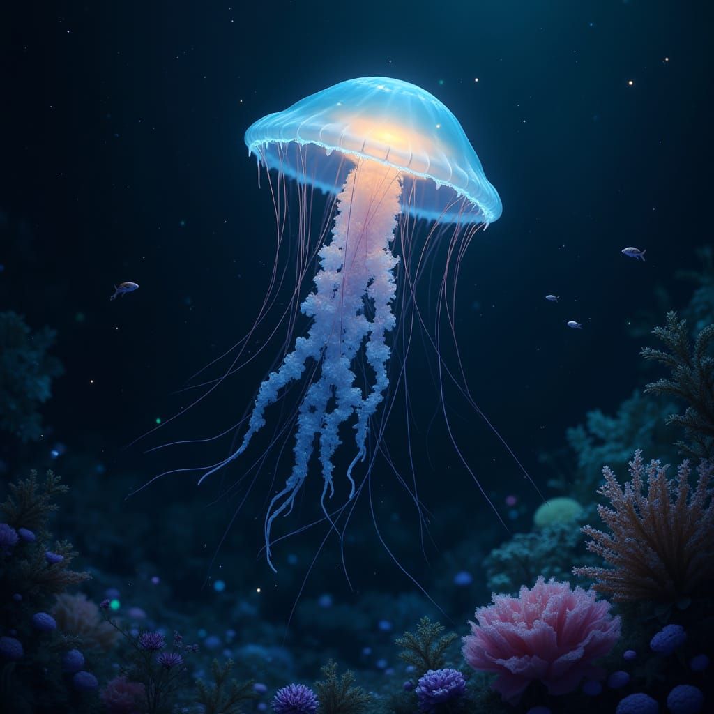 Bioluminescent Jellyfish in a Deep-Sea Cave