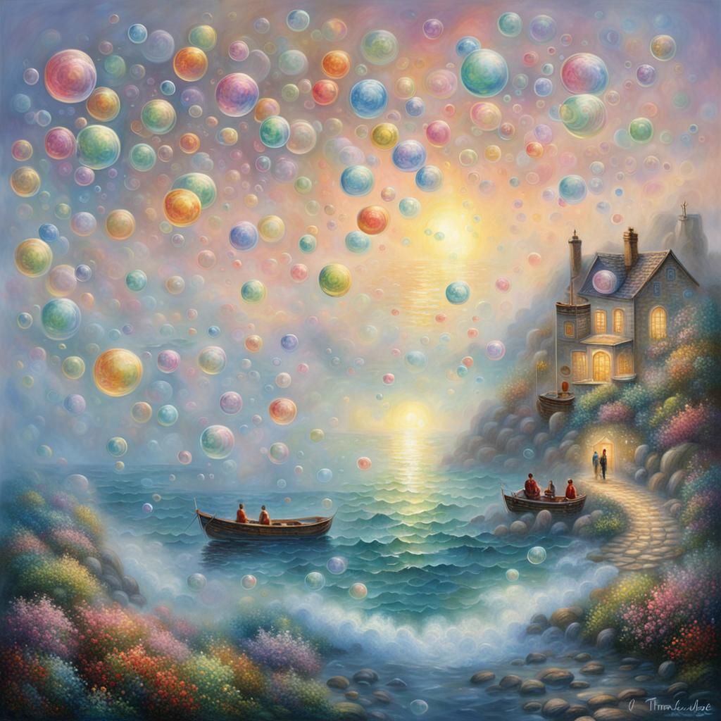 Ethereal Bubbles Float Over Calm Sea, Fantasy Art