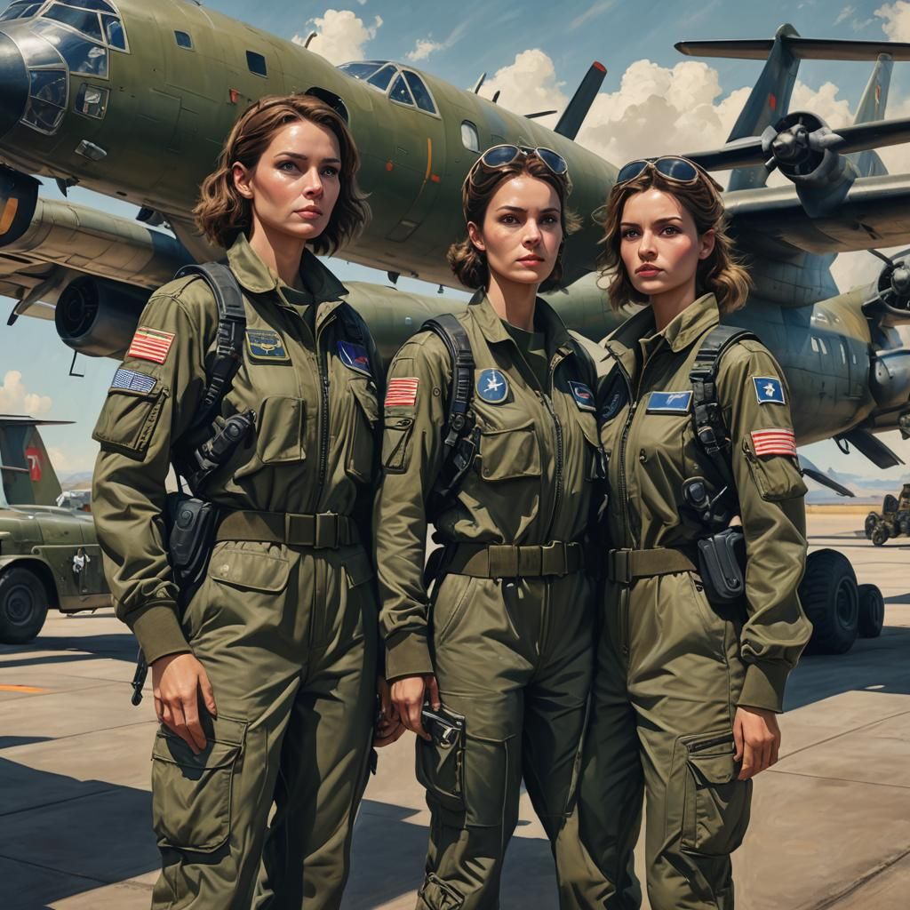 Soldiers and Pilot in Front of Aircraft: Hyperrealistic Conc...