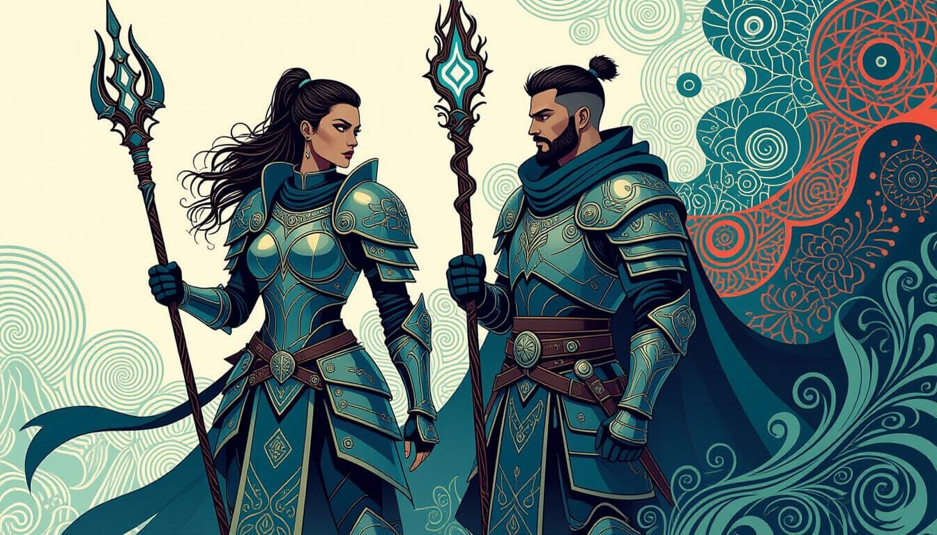 Armored Warrior and Mage in Abstract Vector Art