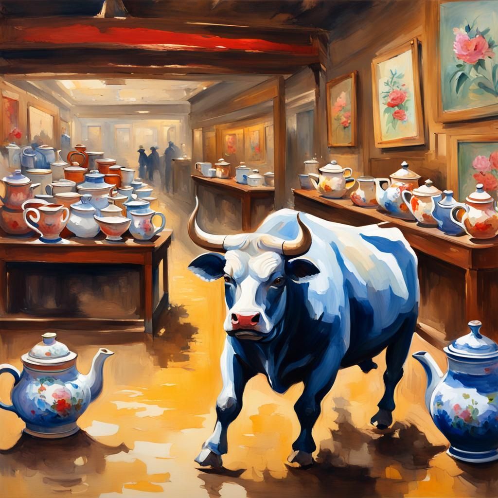 Bull in China Shop: Gouache Impressionist Masterpiece