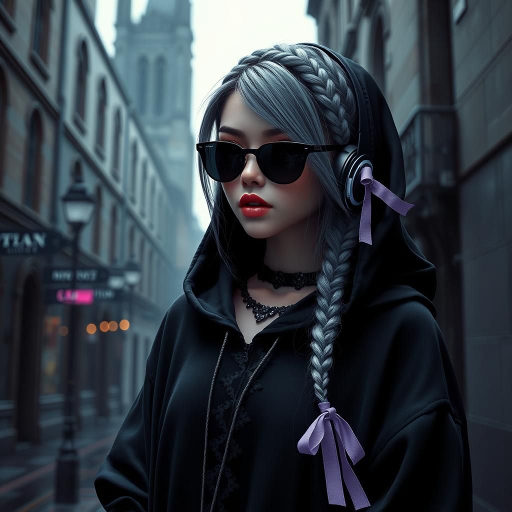 Gothic Girl in Rainy Cityscape, Cyberpunk Aesthetic