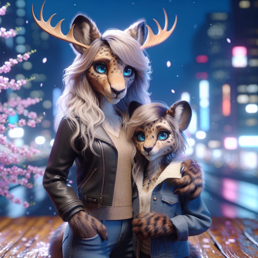 Hybrid Cheetah / Moose mom and daughter on holiday in the ci...