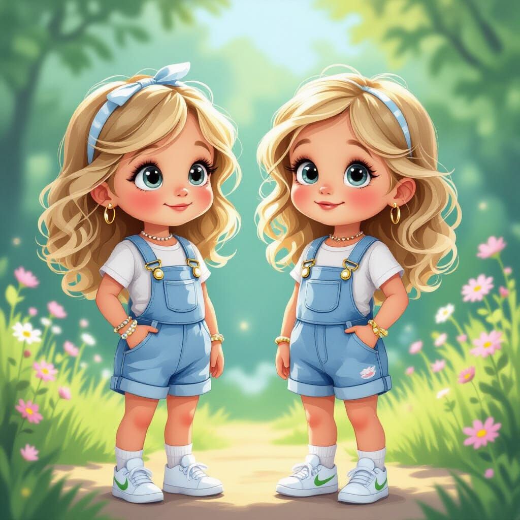 Whimsical Twin Girls in Storybook Style